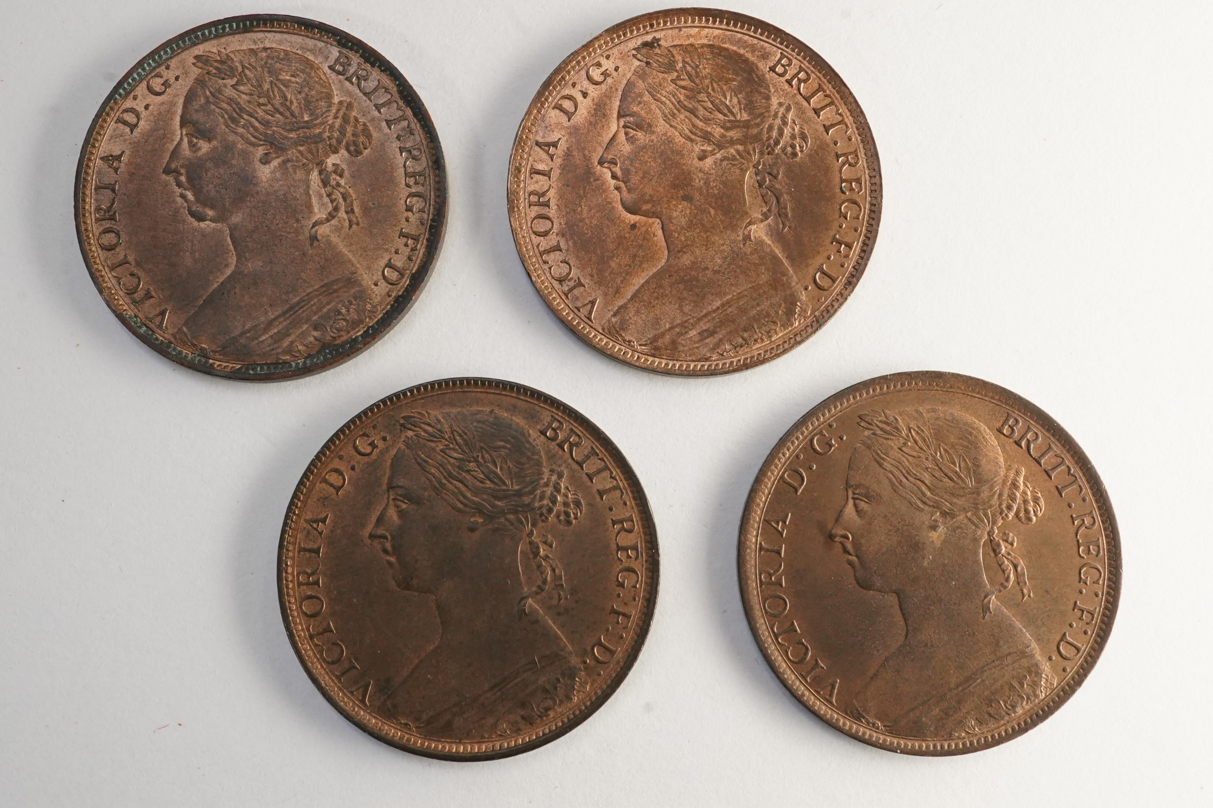 British coins, Victoria, four bronze pennies;, 1891, Fr. 132, Gouby dies R/r, some verdigris, good EF, toning and lustre, 1892, Fr. 134, Gouby dies R/r, good EF, dark toned, some lustre, 1893, Fr. 136, Gouby dies R/r, so